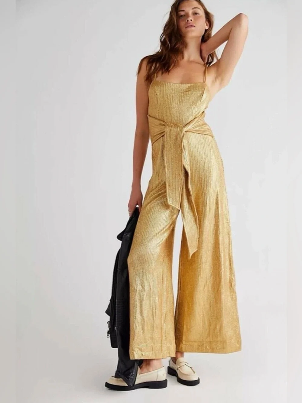 Free People Metallic Gold Wide-Leg Jumpsuit with Waist Tie
